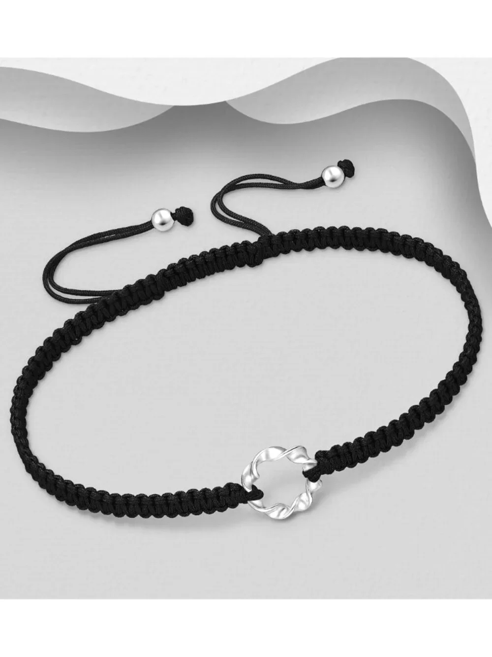925 Sterling Silver Oxidized Twisted Circle with Adjustable Thread Bracelet